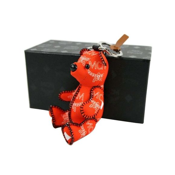 MCM Women's Orange Nylon Bear Charm With Key Ring And White Logo Print - Picture 5 of 6